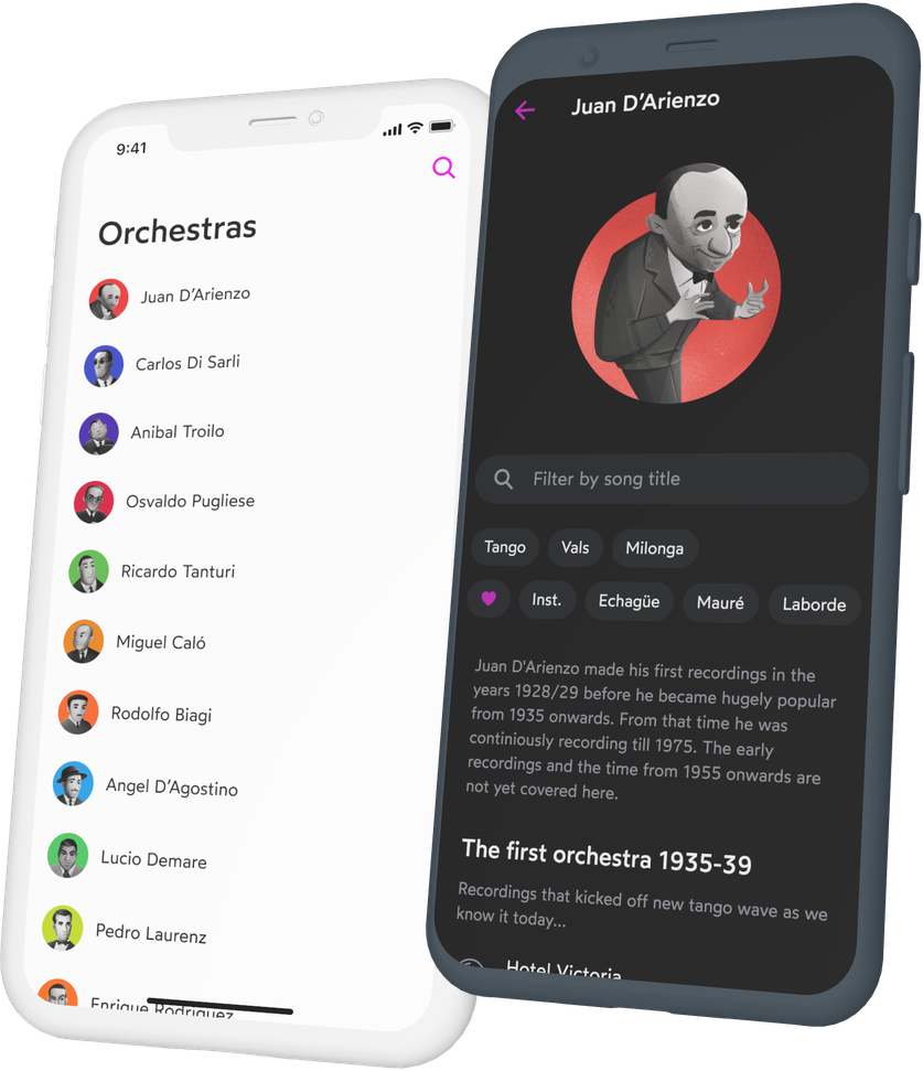 The Tango Discogs app on two phones: a list of golden-age orchestras, and Juan D&rsquo;Arienzo&rsquo;s orchestra page